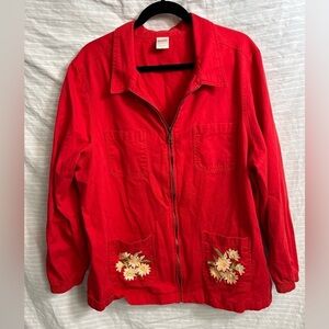 Blair Long Sleeved Light Weight Red Jacket 2 Floral Pockets Full Zip Women’s XL